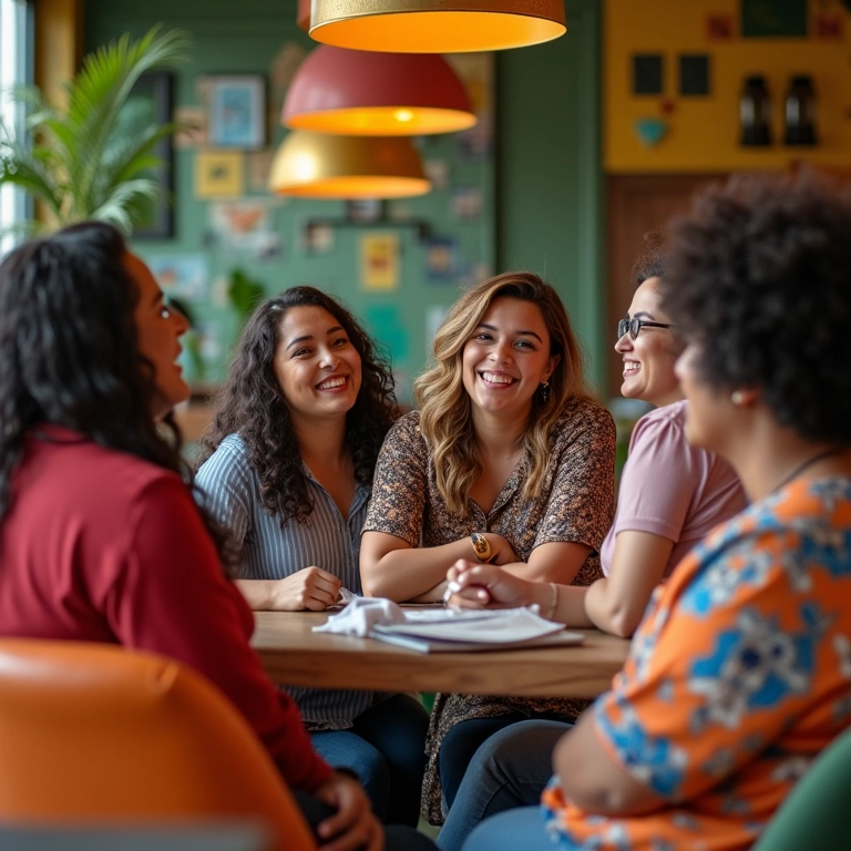 Mulheres brasileiras diversas em café colorido, vestindo roupas plus size estilosas.