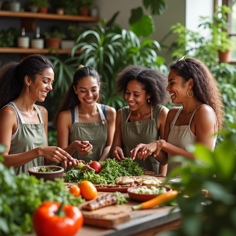 Mulheres brasileiras diversas preparando refeição saudável juntas em cozinha iluminada.