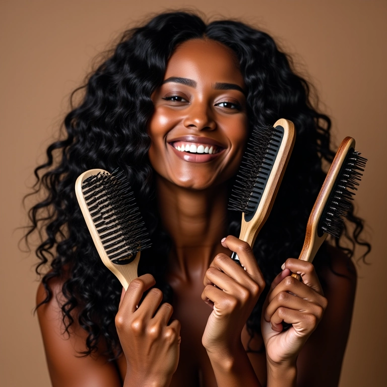 Mulheres brasileiras diversas sorrindo, exibindo diferentes tipos de escovas de cabelo.