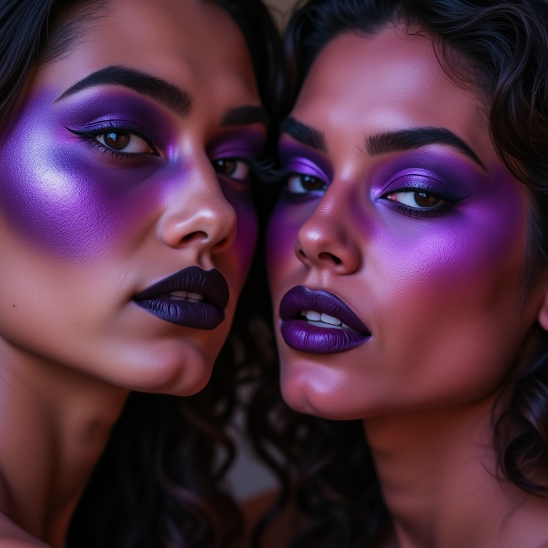 Mulheres brasileiras diversas usando maquiagem roxa vibrante, tendência de beleza.