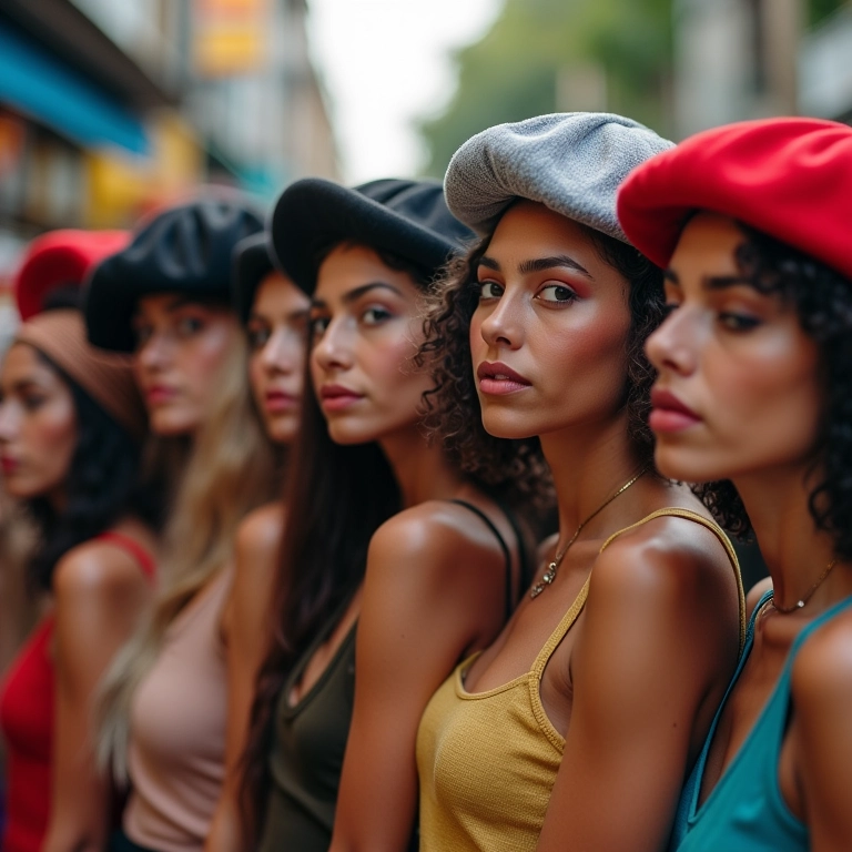 Mulheres brasileiras estilosas usando boinas em um mercado de rua vibrante no Rio de Janeiro.