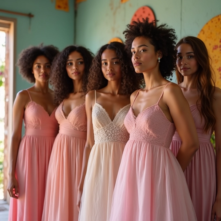 Mulheres brasileiras experimentando vestidos românticos e delicados em uma loja charmosa.