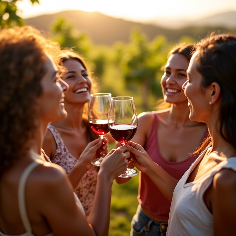 Mulheres brindando com vinho em vinícola brasileira.