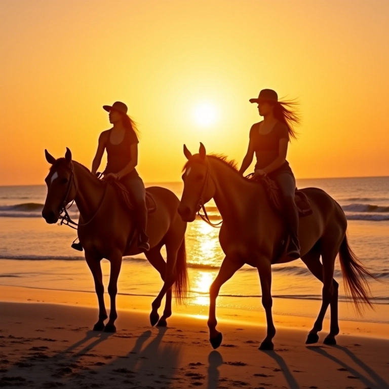 Mulheres cavalgando na praia de Jericoacoara ao pôr do sol.