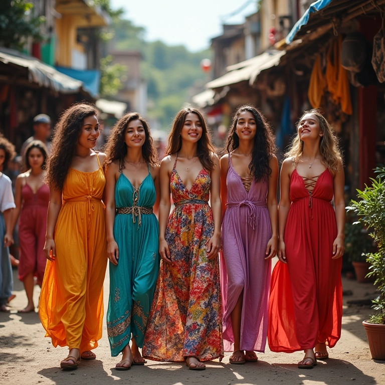 Mulheres com vestidos longos e coloridos em mercado brasileiro.
