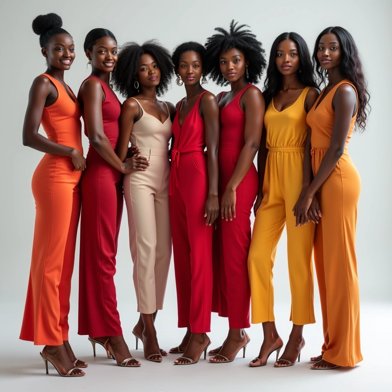 Mulheres de diferentes tipos de corpo experimentando macacões de alfaiataria.