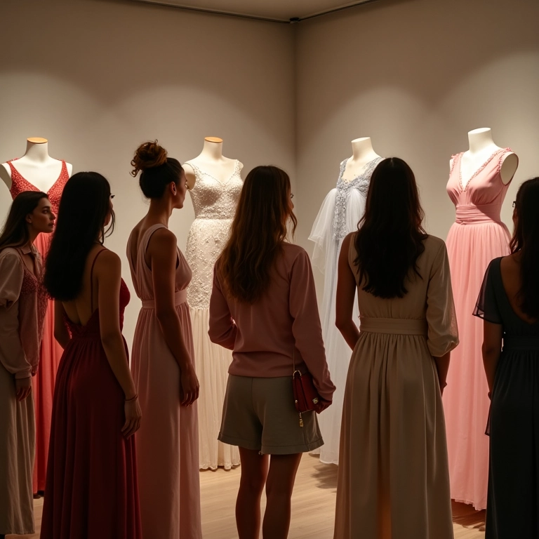 Mulheres diversas admirando vestidos de alta-costura em uma exposição.
