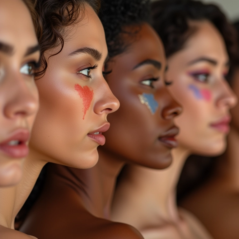 Mulheres diversas aplicando corretivo colorido para neutralizar imperfeições na pele.