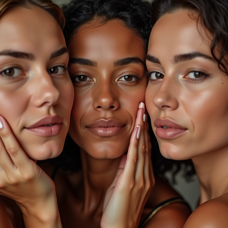 Mulheres diversas aplicando corretivos em diferentes tons de pele.