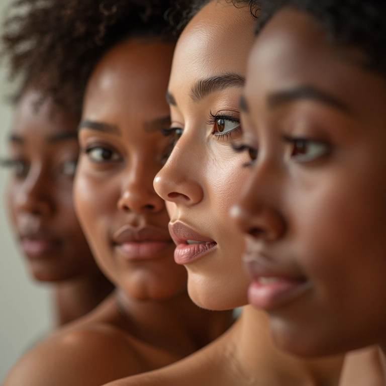 Mulheres diversas aplicando primer no rosto, mostrando texturas e tons de pele.