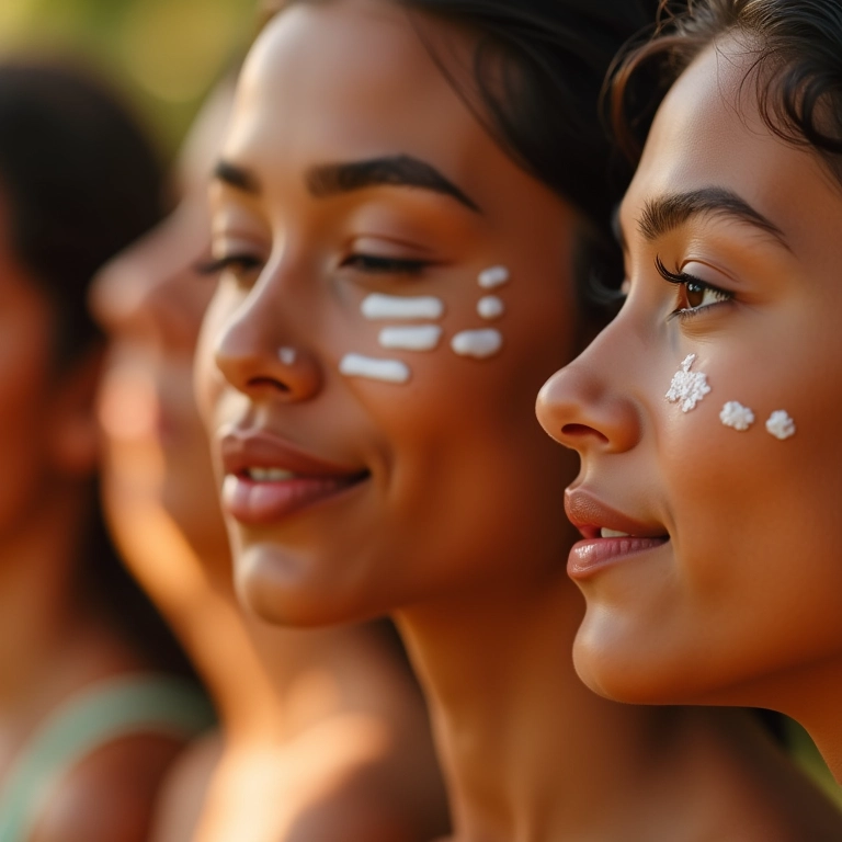 Mulheres diversas aplicando protetor solar no rosto, pele radiante.