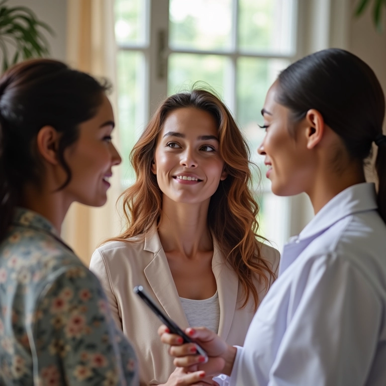 Mulheres diversas discutindo opções para remover a micropigmentação.