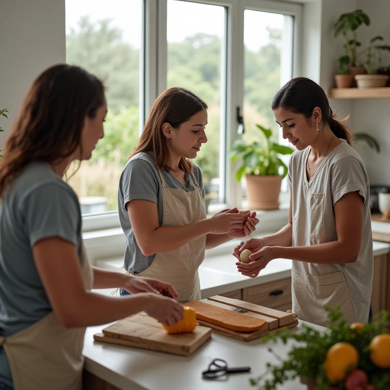Mulheres diversas dividindo tarefas domésticas em casa moderna.