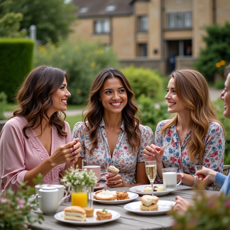 Mulheres diversas em um pitoresco vilarejo de Cotswolds, celebrando as Terras da Rainha.