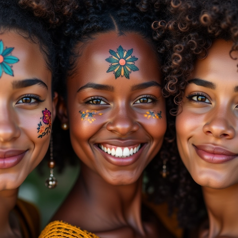 Mulheres diversas exibindo cabelos com vibrantes desenhos de henna, celebrando a beleza natural.