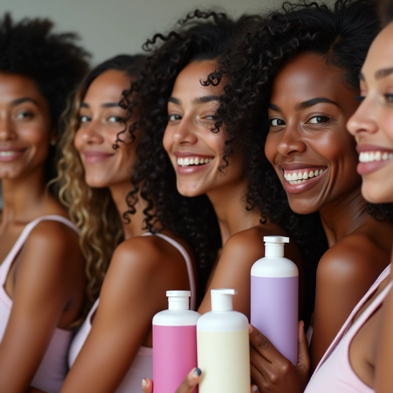 Mulheres diversas exibindo cabelos saudáveis com shampoos para cabelos ressecados.