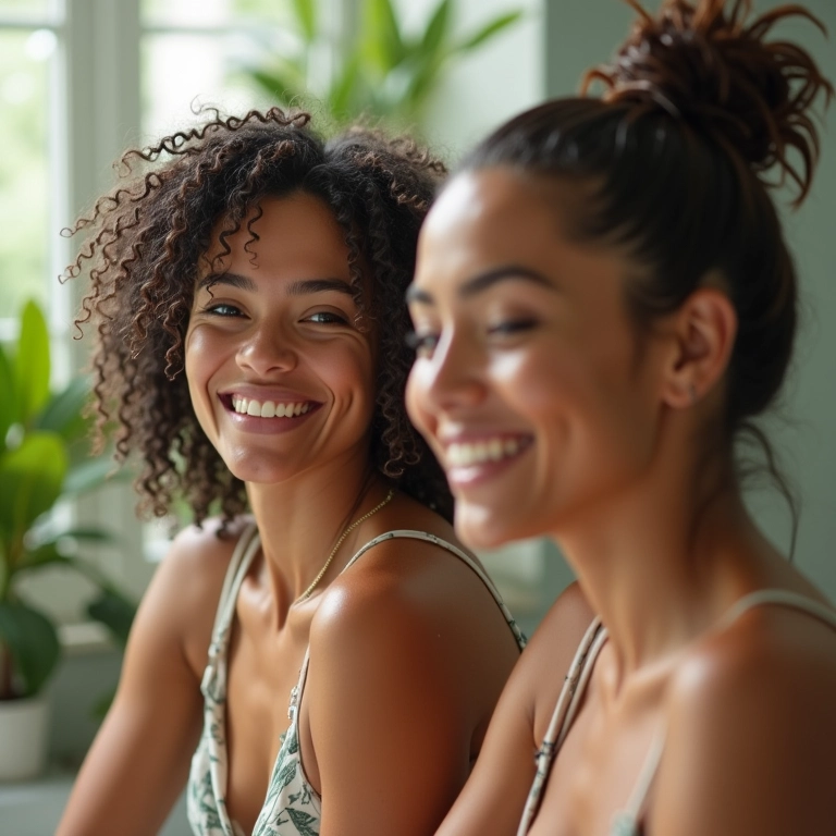 Mulheres diversas lavando o cabelo com shampoo low poo em banheiro vibrante.