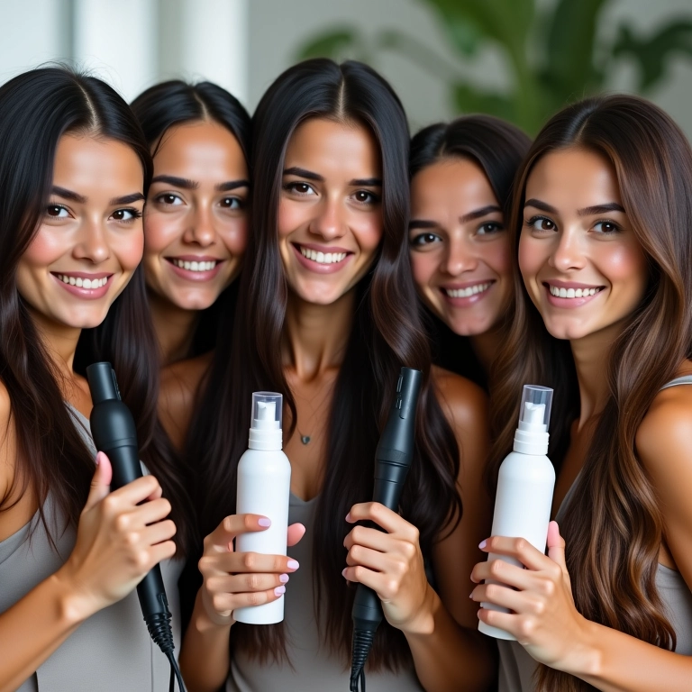Mulheres diversas mostrando produtos de proteção térmica para cabelo.