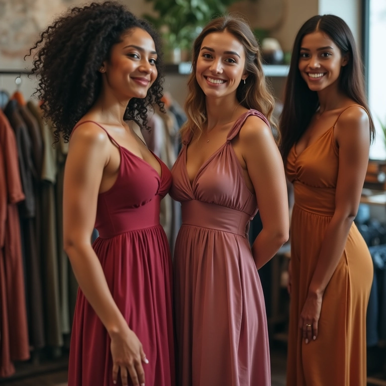 Mulheres diversas provando vestidos e analisando seus corpos.