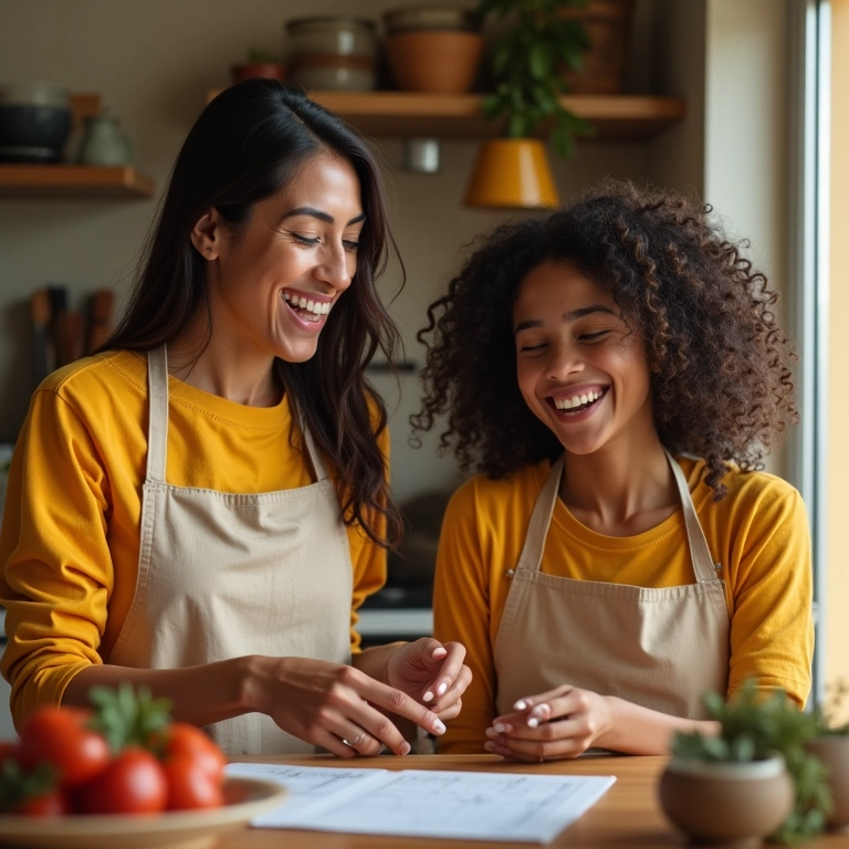 Mulheres diversas reunidas na cozinha, planejando a rotina familiar com alegria.
