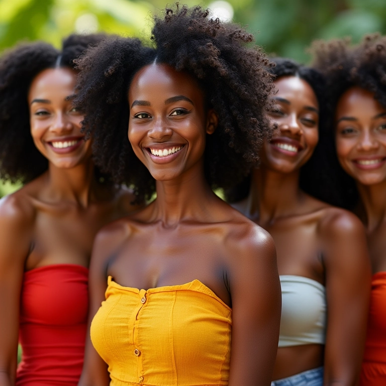 Mulheres diversas sorrindo, celebrando a beleza da diversidade na moda brasileira.