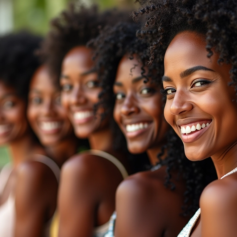 Mulheres diversas sorrindo com cabelos saudáveis e vibrantes, representando o tema 'Vitaminas Para Cabelo'.