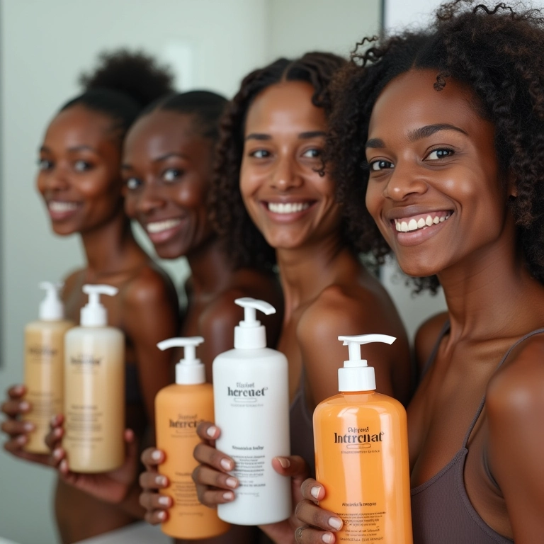 Mulheres diversas sorrindo com shampoos para cabelos com química.