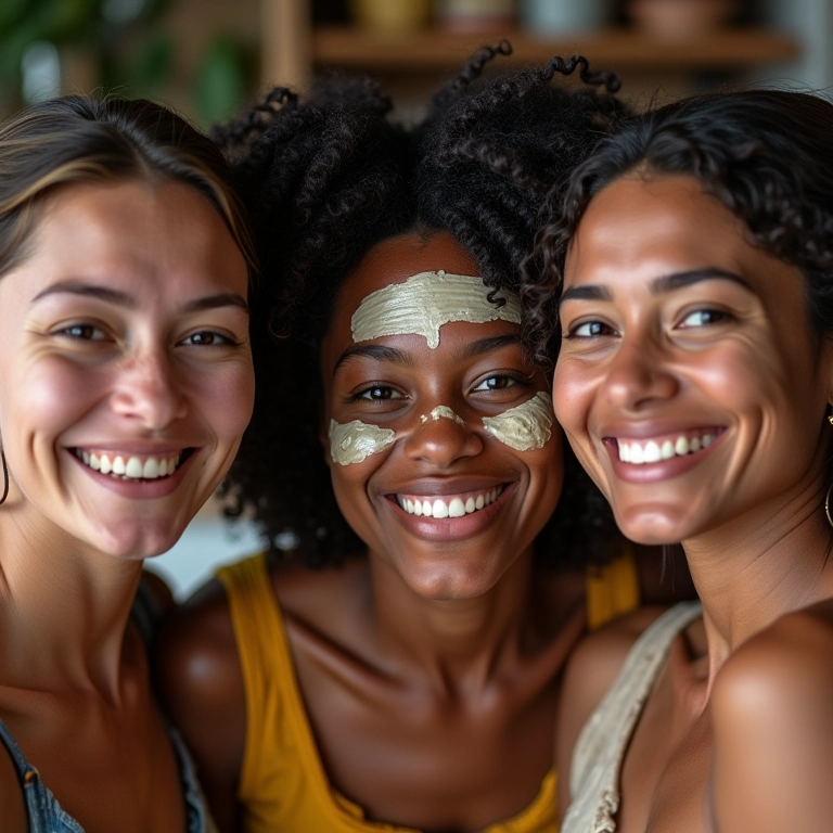 Mulheres diversas sorrindo enquanto aplicam máscaras capilares caseiras.