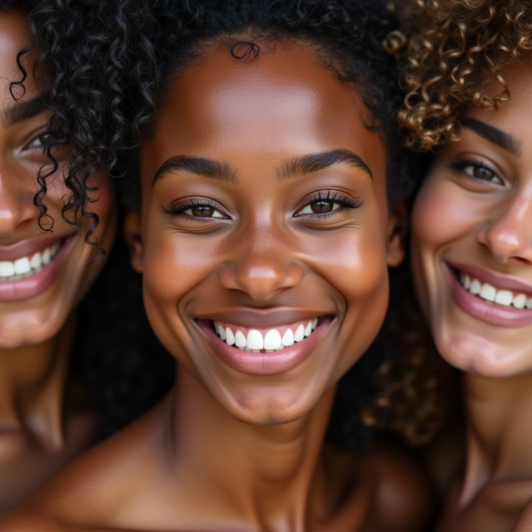 Mulheres diversas sorrindo, exibindo cabelos saudáveis e brilhantes após tratamento com glicerina.