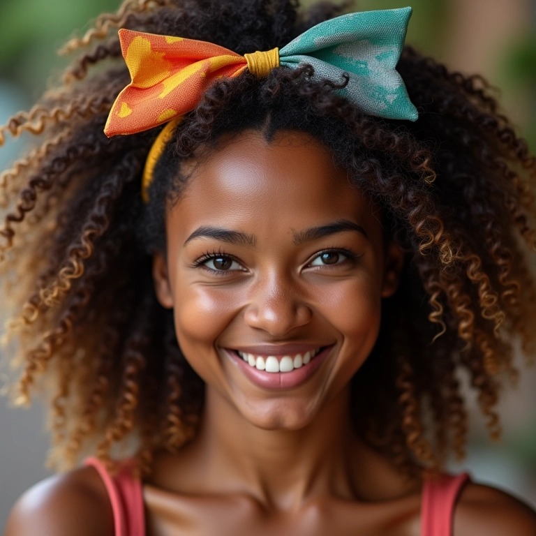 Mulheres diversas sorrindo, exibindo laços de cabelo artesanais coloridos.