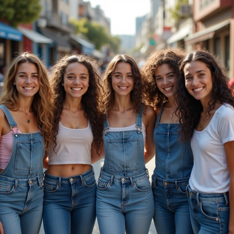 Mulheres diversas sorrindo, usando diferentes estilos de jeans em rua urbana brasileira.