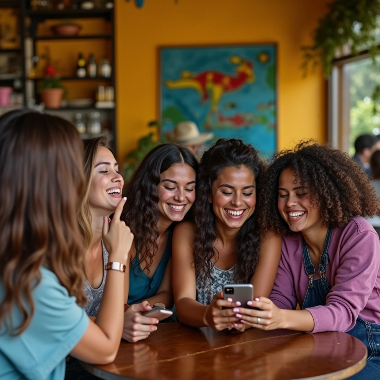 Mulheres diversas usando aplicativos de viagem em um café brasileiro vibrante.