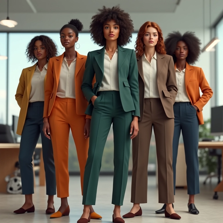 Mulheres diversas usando calças de cintura alta e blazers acinturados.