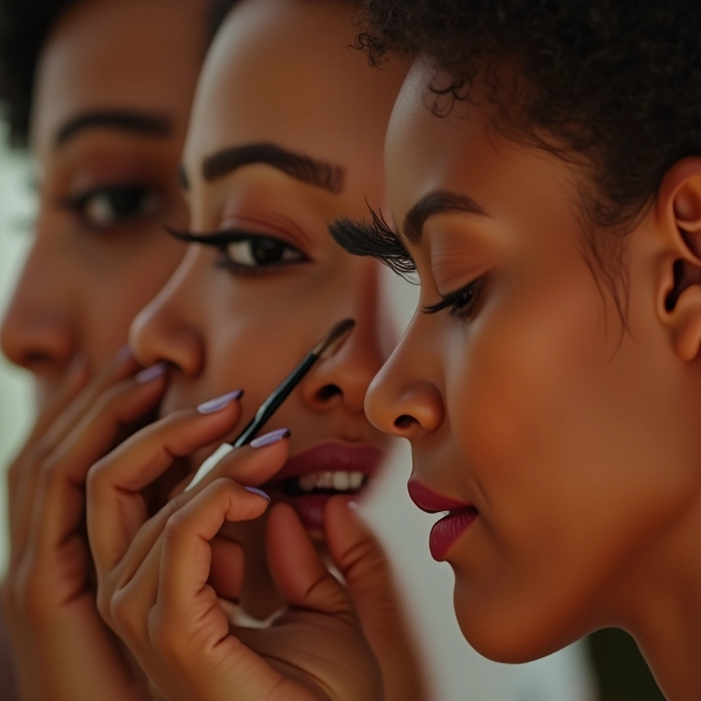 Mulheres diversas usando maquiagem hipoalergênica, pele radiante.