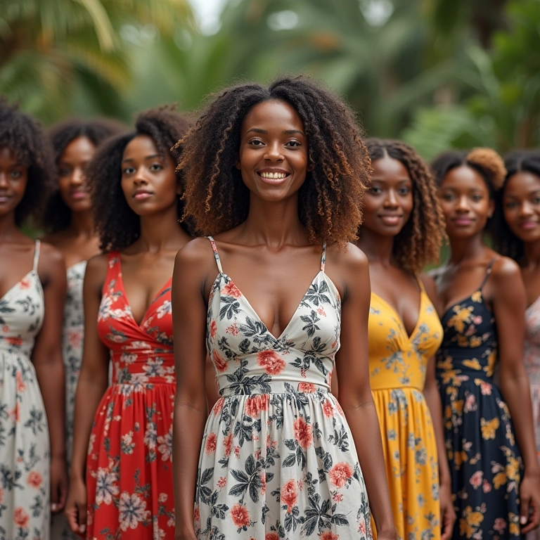 Mulheres diversas usando vestidos florais com diferentes modelagens.