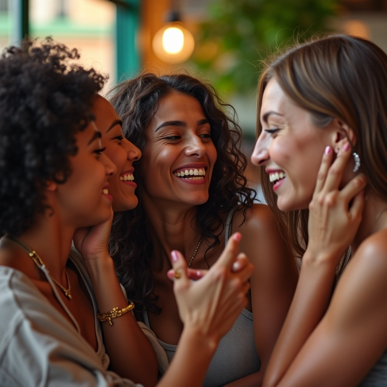 Mulheres em café brasileiro discutindo memórias e cheiro de bebê.