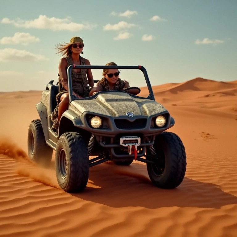 Mulheres em um emocionante passeio de buggy pelas dunas de Cumbuco, Fortaleza.