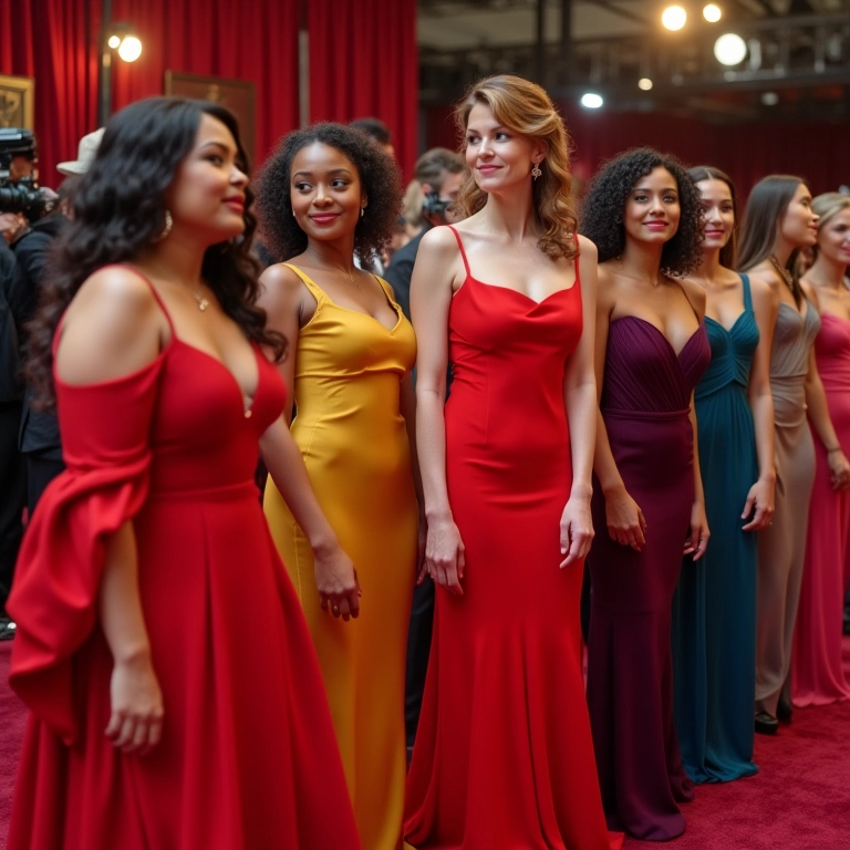 Mulheres em vestidos icônicos do Oscar no tapete vermelho, celebrando a história do cinema.