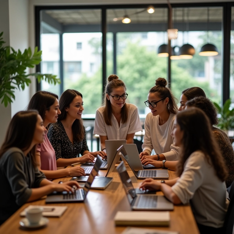 Mulheres empreendedoras brasileiras colaborando em espaço de coworking vibrante.