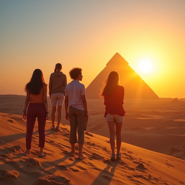 Mulheres explorando as pirâmides do Egito ao pôr do sol, representando a aventura e o empoderamento feminino.