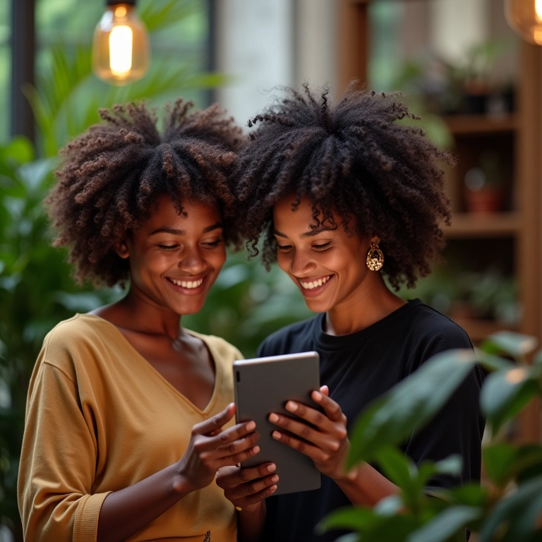 Mulheres negras escolhendo o corte ideal para seus cabelos crespos em um tablet.
