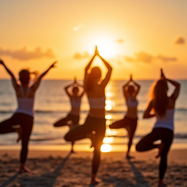 Mulheres praticando yoga na praia em resort all-inclusive.