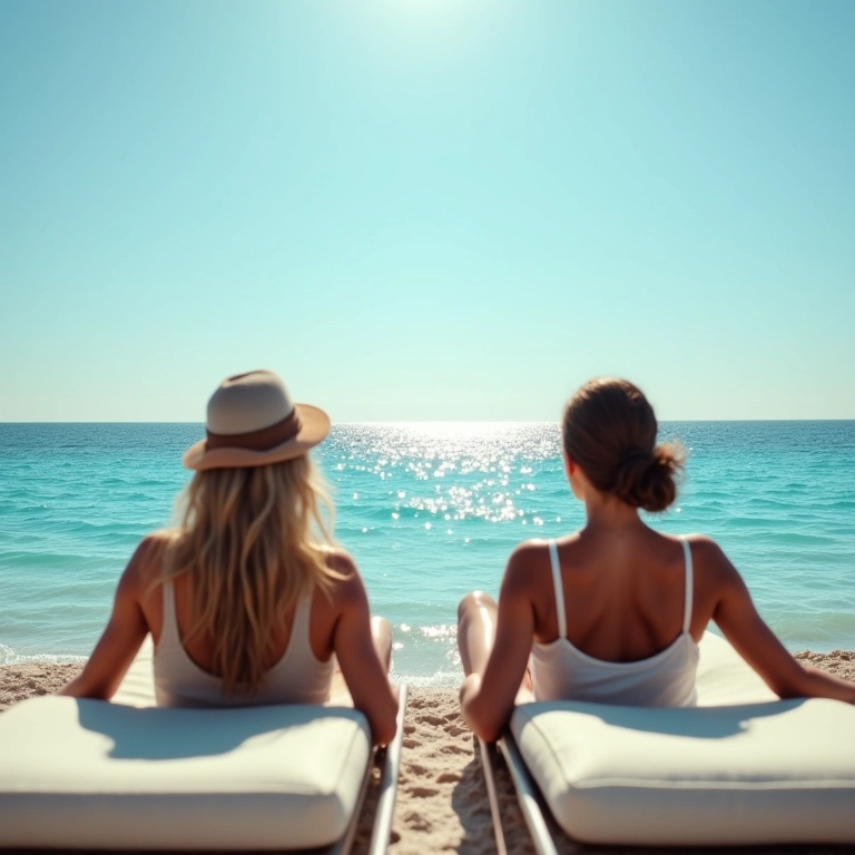 Mulheres relaxando na Praia do Futuro, Fortaleza, em cadeiras de praia confortáveis.
