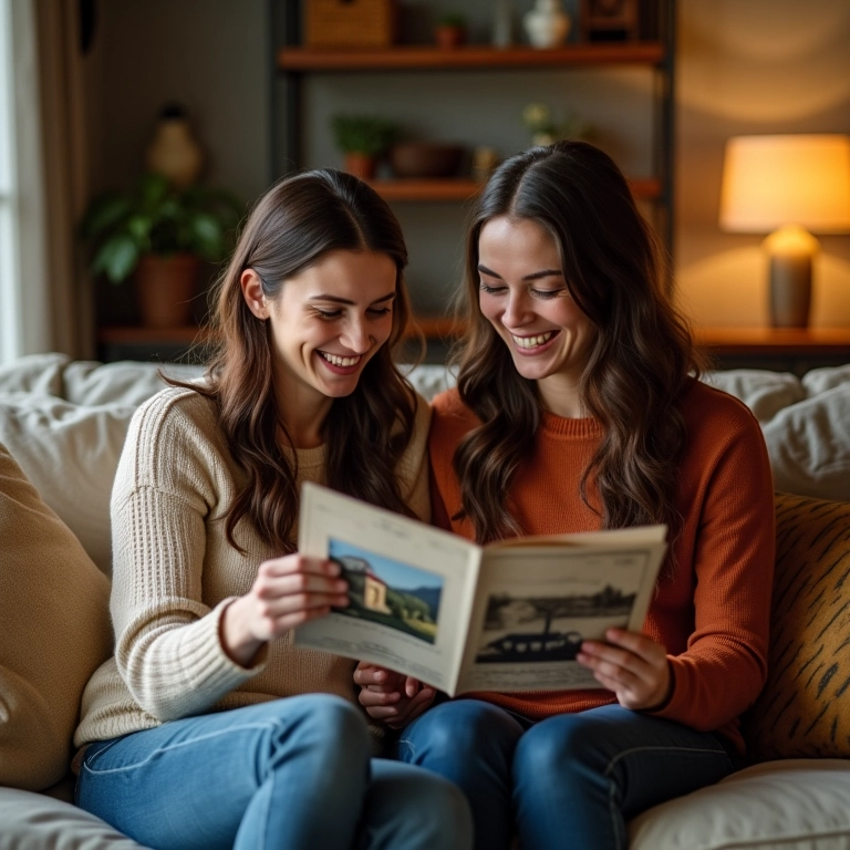 Mulheres rindo juntas olhando fotos antigas, distraindo-se com boas memórias e amizade.