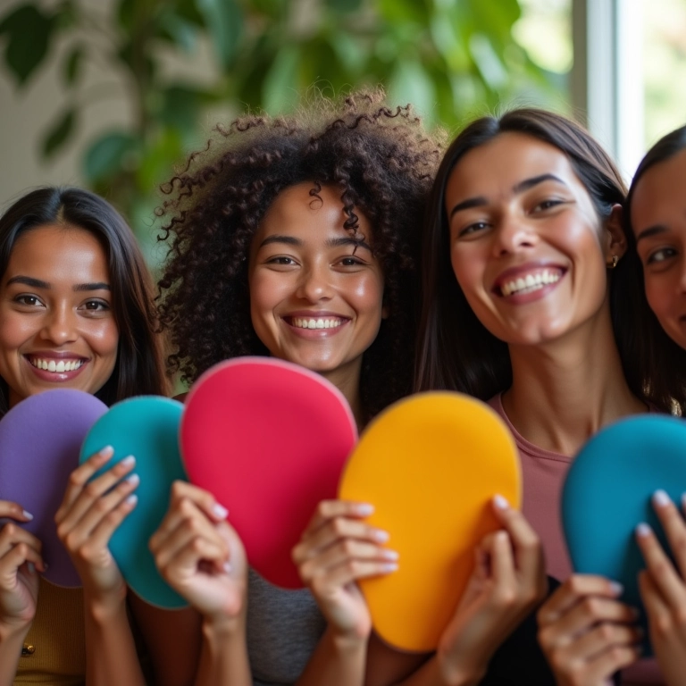Mulheres sorrindo com absorventes de pano coloridos.