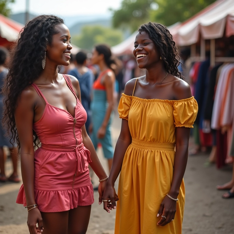 Mulheres trocando roupas em um mercado, celebrando o consumo consciente de moda no Brasil.