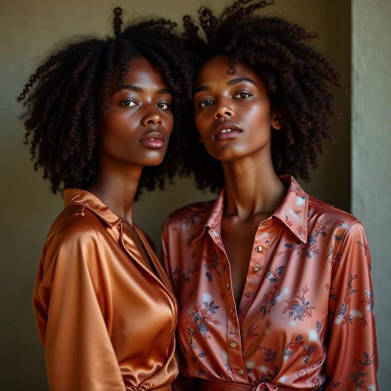 Mulheres usando blusas e camisas de seda com estampas vibrantes.