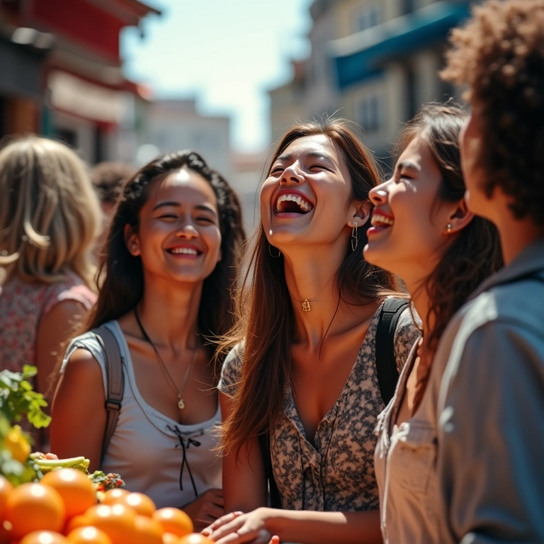 Mulheres viajantes explorando mercado estrangeiro com segurança e alegria.