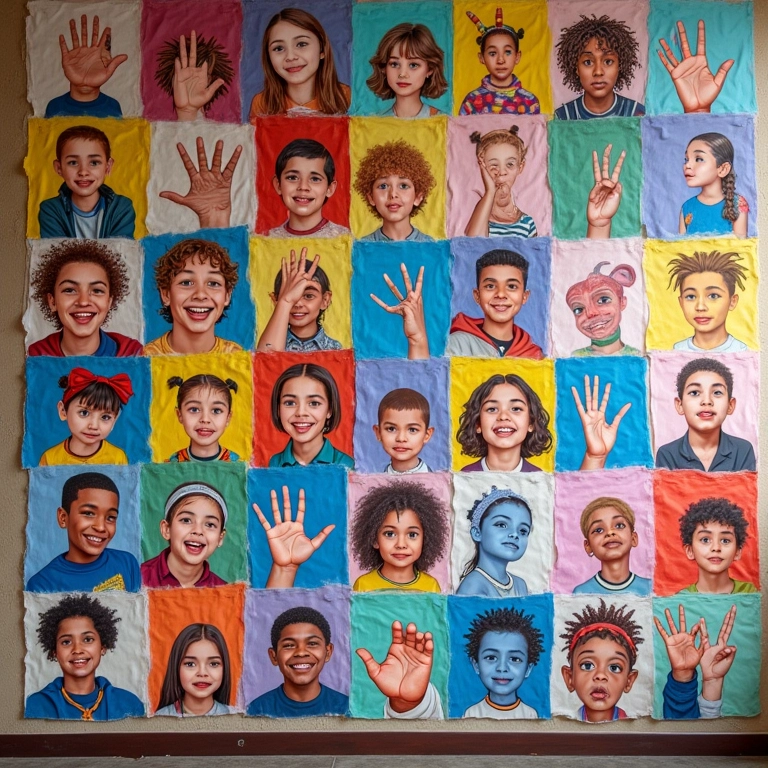 Mural de fotos e recados em LIBRAS, expressando a força da comunicação visual.