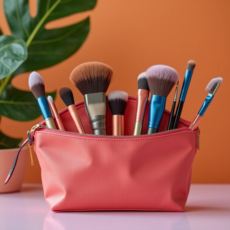 Necessaire estilosa sobre uma mesa, pincéis de maquiagem organizados, itens essenciais de viagem.